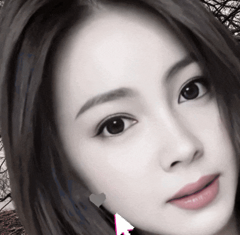 a close up of a woman 's face with a pink arrow pointing to her mouth