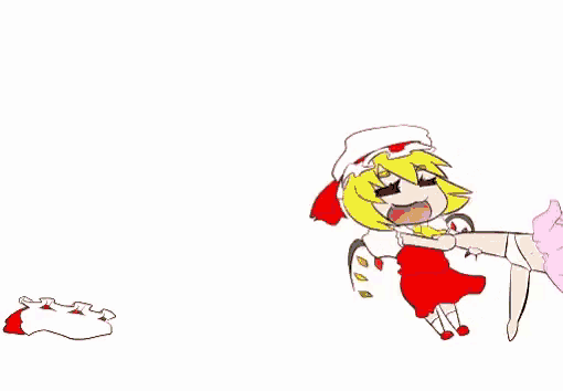 a cartoon of a girl in a red dress kicking another girl 's leg .