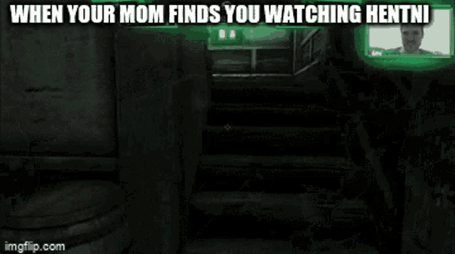 when your mom finds you watching hentai , a video game scene with a barrel and stairs .