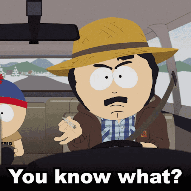 a cartoon character is driving a car with the words " you know what " below him