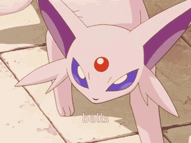 a pink and purple cartoon cat with the word balls on the bottom right