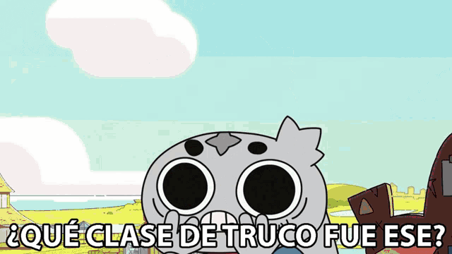 a cartoon character with the words " qué clase de truco fue ese " on the bottom