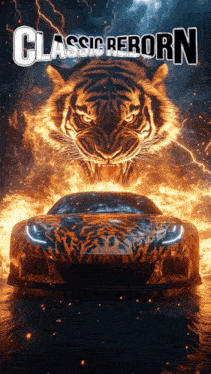 a picture of a car with a tiger on it and the words classic reborn above it