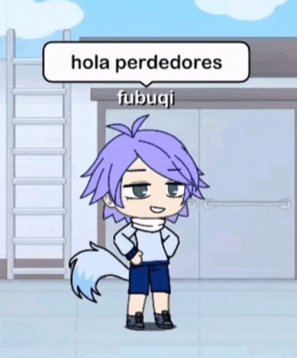 a cartoon character with purple hair and a tail says hola perdedores