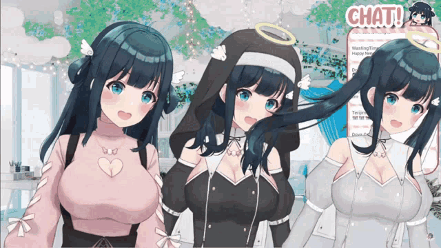 three anime girls standing next to each other with chat written on the bottom right