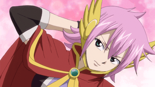 a girl with pink hair is wearing a red cape and gold wings