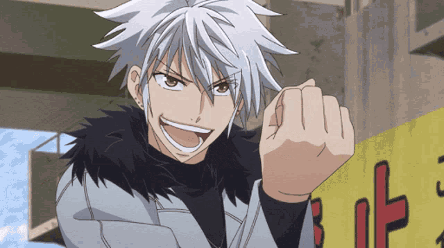 a cartoon character with white hair and a black fur collar is giving the middle finger