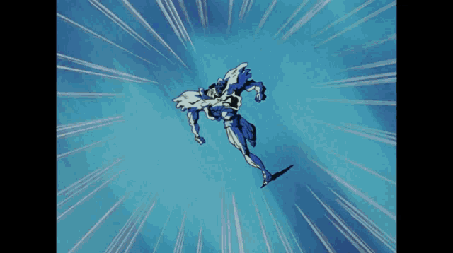 a cartoon character is flying through the air with a blue background