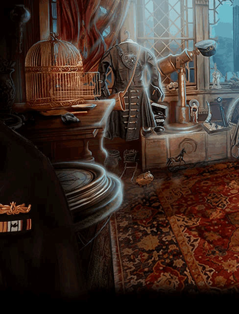 a painting of a room with a bird cage and a belt that says ' ii '