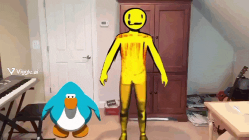 a drawing of a penguin standing next to a man with a smiley face on his chest