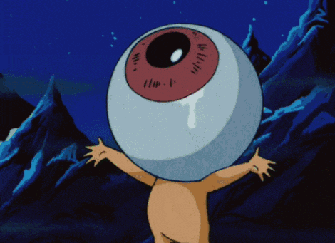 a cartoon character has a large eye on his head with the letters h and i on it