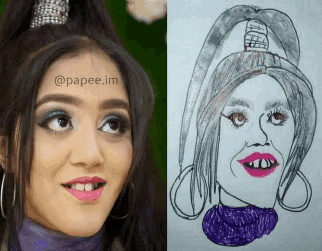 a drawing of a woman 's face next to a picture of her