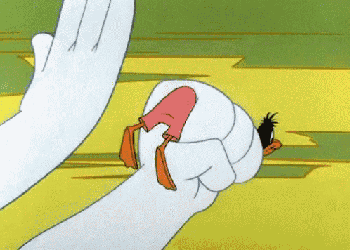 a cartoon character is holding a duck 's feet in its hands .