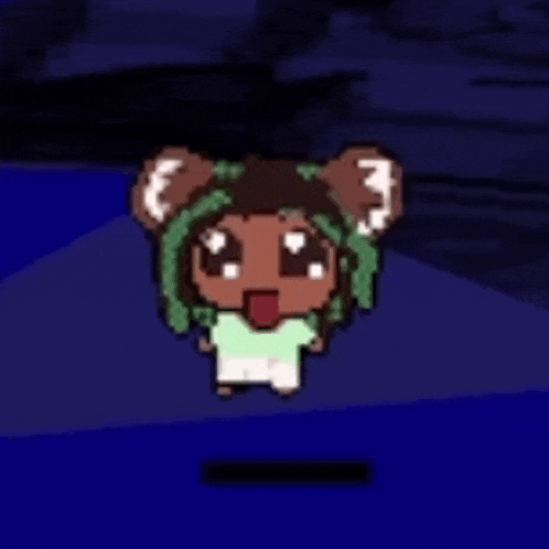 a cartoon character wearing a green hat and a green shirt is standing on a blue floor .