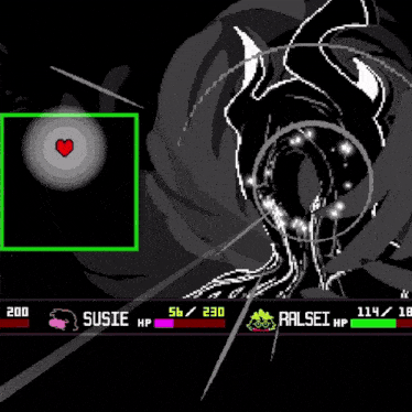 a screenshot of a video game with susie and ralsei hp displayed