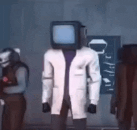 a man with a television head is standing next to a group of people .