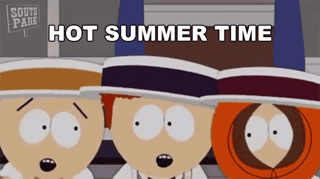 three cartoon characters from south park are standing next to each other with the words hot summer time above them