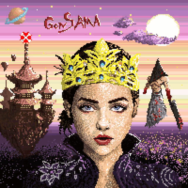 a pixel art of a woman wearing a crown with the word gonsama written on the bottom