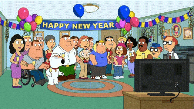 a group of cartoon characters are gathered under a sign that says happy new year