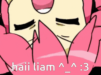 a pink and white cartoon character with the words haii liam written below it