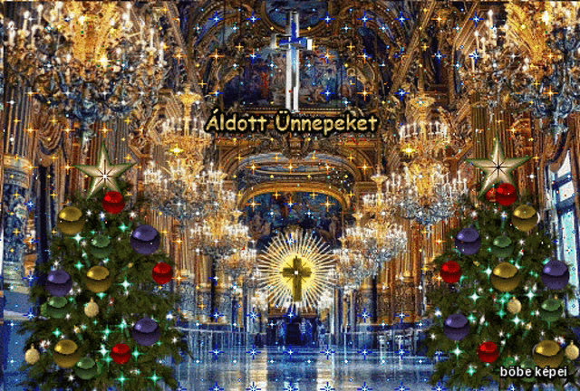 a picture of a church with christmas trees and the words " aldott unnepeket " on the bottom