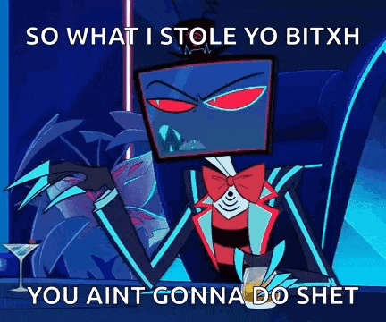 a cartoon character is holding a martini glass and saying so what i stole yo bitxh