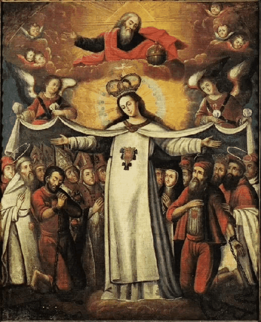 a painting of a woman with a crown surrounded by men and angels