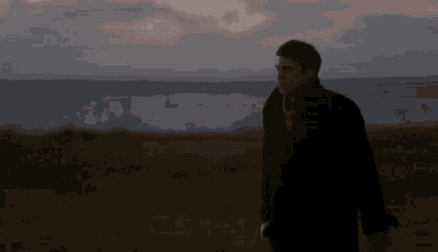 a man in a black coat is standing in a field with the ocean in the background