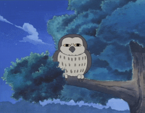 a cartoon owl sitting on a tree branch