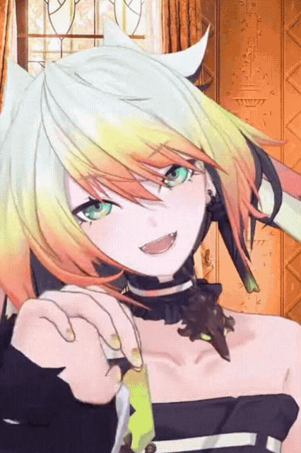 a close up of a cartoon character with white hair and orange highlights