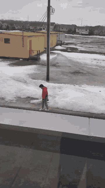 a person in a red jacket is walking on a sidewalk in front of a snowy field