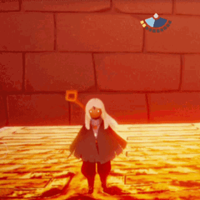 a video game character is standing in front of a red wall