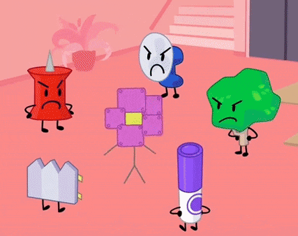a group of cartoon characters are standing next to each other on a pink floor in a room .