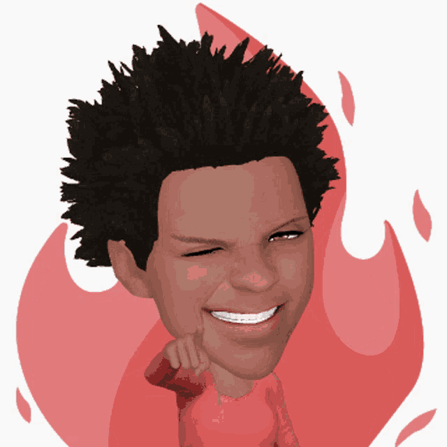 a cartoon of a man with a red shirt and a fire in the background