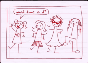a drawing of several boys and girls on lined paper