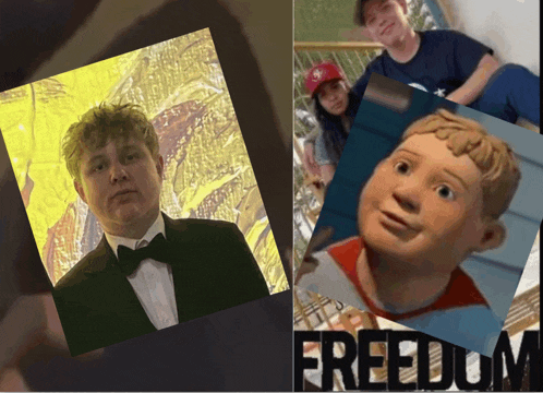 a picture of a man in a tuxedo next to a picture of a cartoon character with the word freedom on the bottom