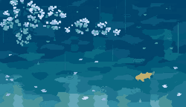 a pixel art drawing of a tree branch with flowers