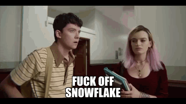 a boy and a girl are standing next to each other and the girl is holding a book that says " fuck off snowflake "