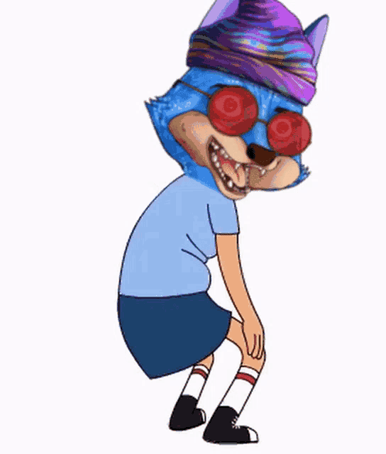 a cartoon character wearing sunglasses and a blue hat