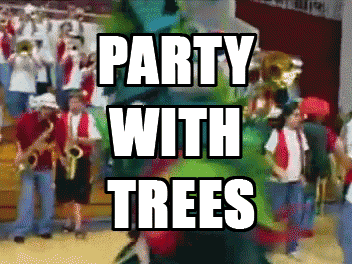 a poster that says party with trees in front of a marching band