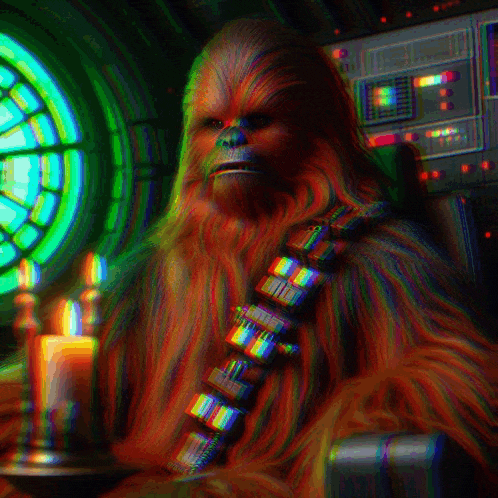 chewbacca from star wars is sitting in a chair with a candle in front of him