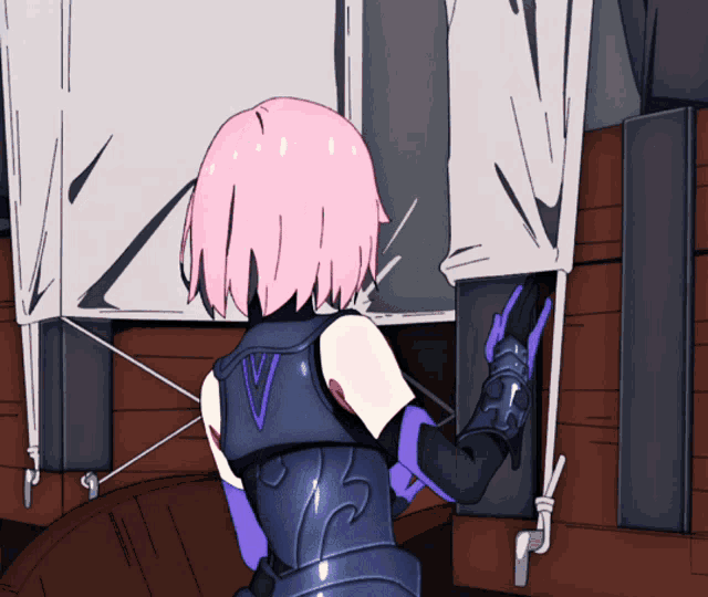 a girl with pink hair and purple gloves is standing in front of a wooden wall
