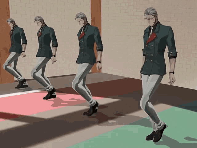 a man in a suit and tie is walking in a row