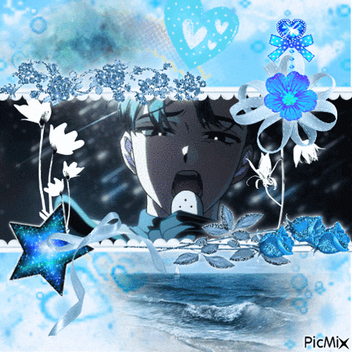 a picture of a man with flowers and a star with the words picmix on the bottom