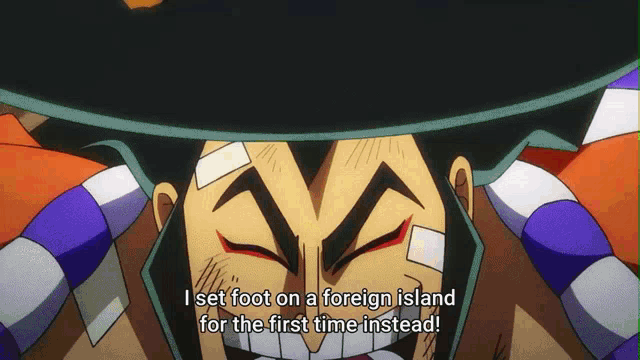 a cartoon character with a bandage on his face says " i set foot on a foreign island for the first time instead "