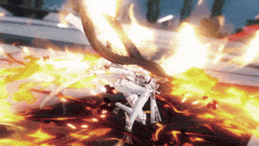 a video game character is surrounded by flames and smoke