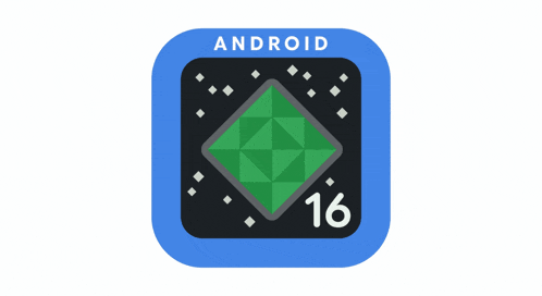 a blue app icon for android 16 with a green diamond