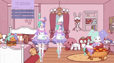 a cartoon drawing of a room with a clock that reads 12:30