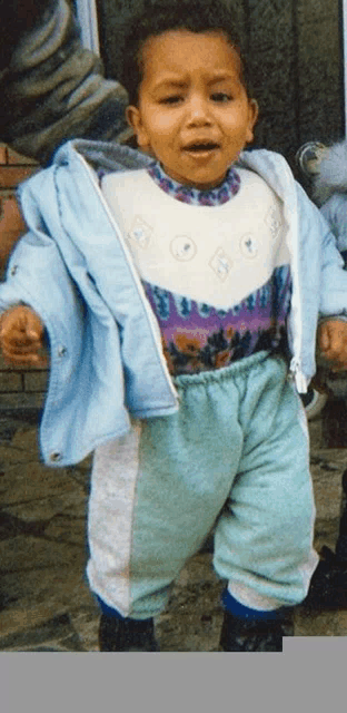 a little boy wearing a blue jacket and a white shirt
