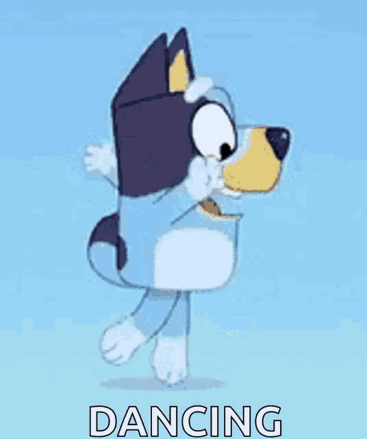 a cartoon dog is dancing on a blue background with the word dancing .